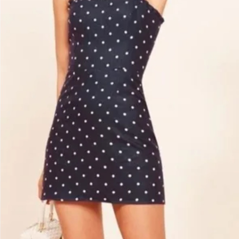 Reformation Ava Navy  Blue and White Spaghetti Strap Sundress